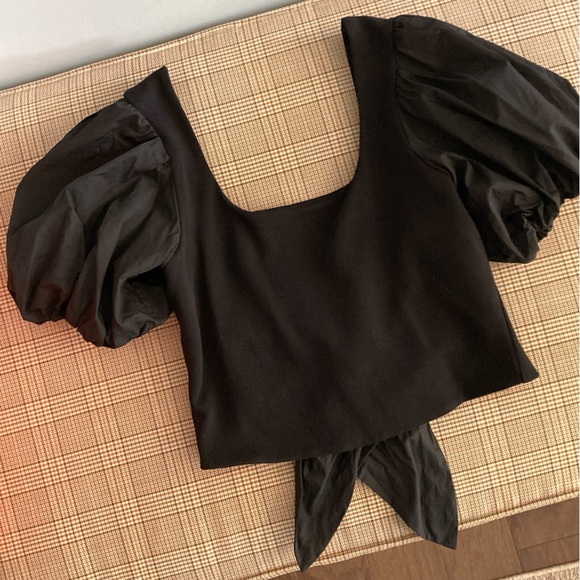 Anthropologie Black Puff Sleeve Top Wrap Top Tie Back 100% Cotton - Picture 10 of 10